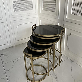 Velto Zigon Sehpa 4lü - Eskitme Gold (Siyah Camlı)