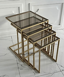 Plane Zigon Sehpa 4lü - Gold / Bronz Camlı