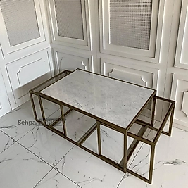 Lena Orta Sehpa Gold Eskitme - Mermerli