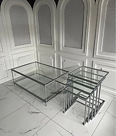 Plane Zigon Sehpa 4lü / İnta Orta Sehpa Takımı - Gümüş