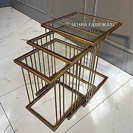 Çubuklu Zigon Sehpa-TEK KATMAN ESKİTME GOLD